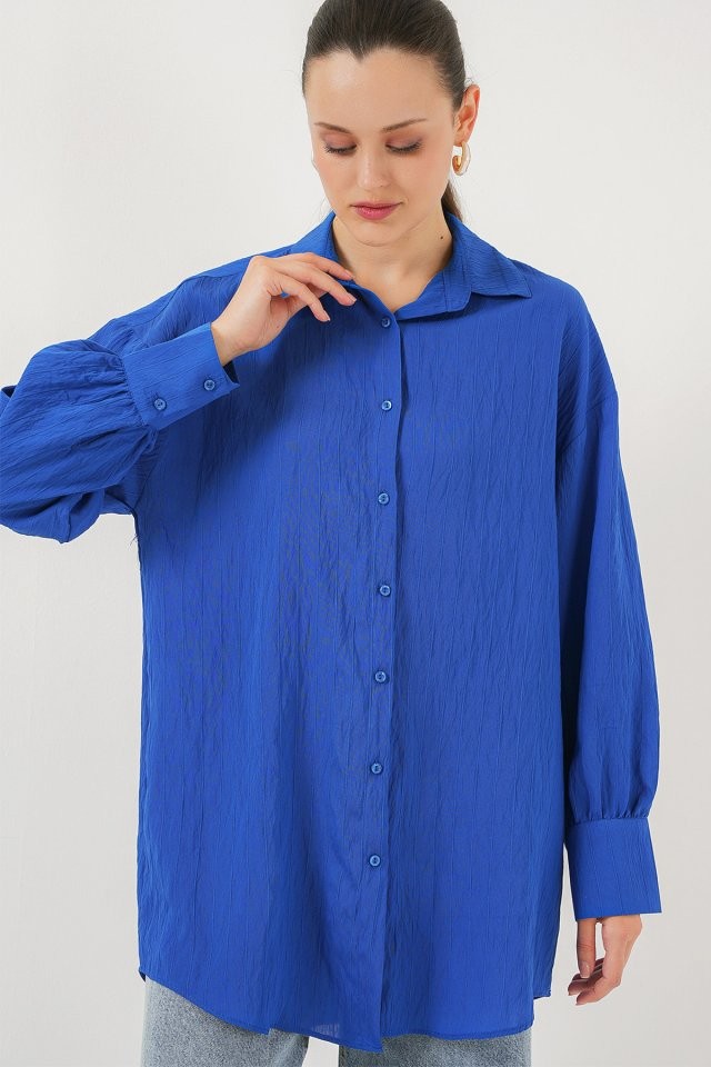 Çizgili Uzun Gömlek Tunik 5963 - Saks