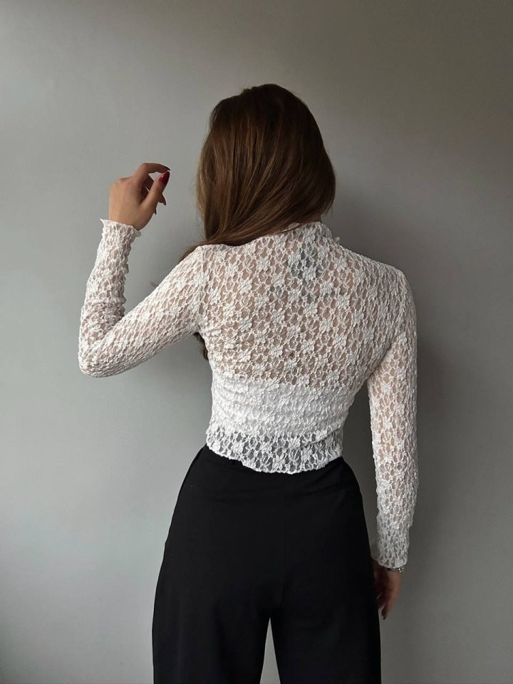 Kadın Likralı Dantel Transparan Uzun Kol Crop Bluz