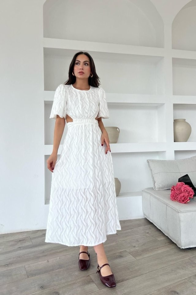 Beyaz Balon Kol Kuşaklı Elbise