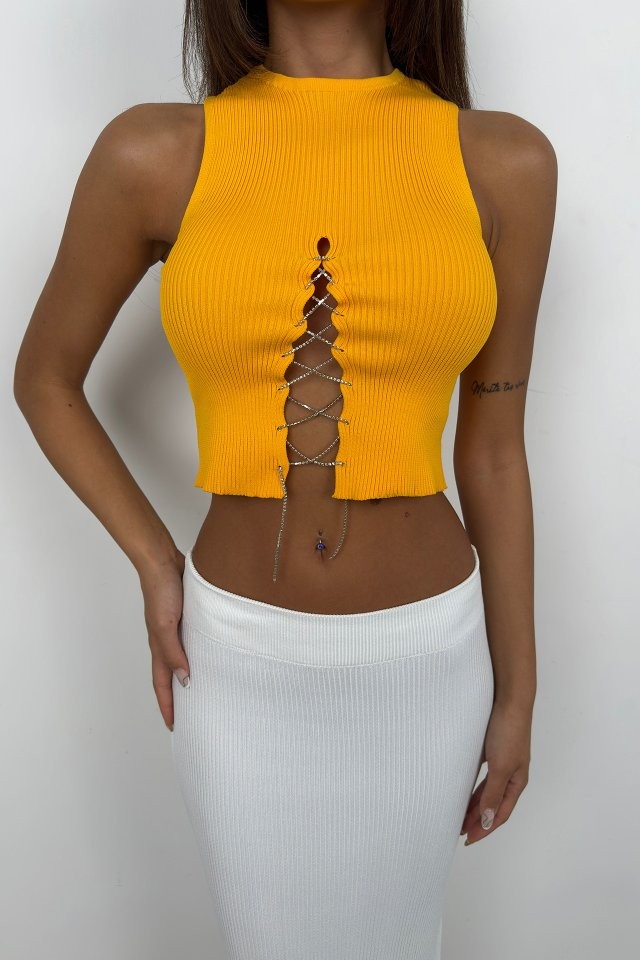 Taş Detay Dekolteli Crop Bluz