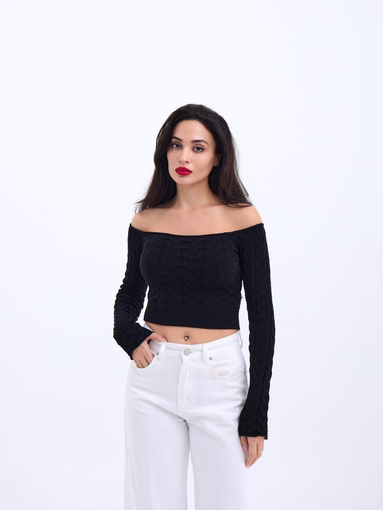 42241 TRİKO KAYIK YAKA CROP-SİYAH