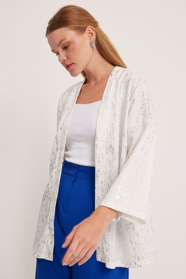 Gümüş Varaklı Örme Kimono 5925