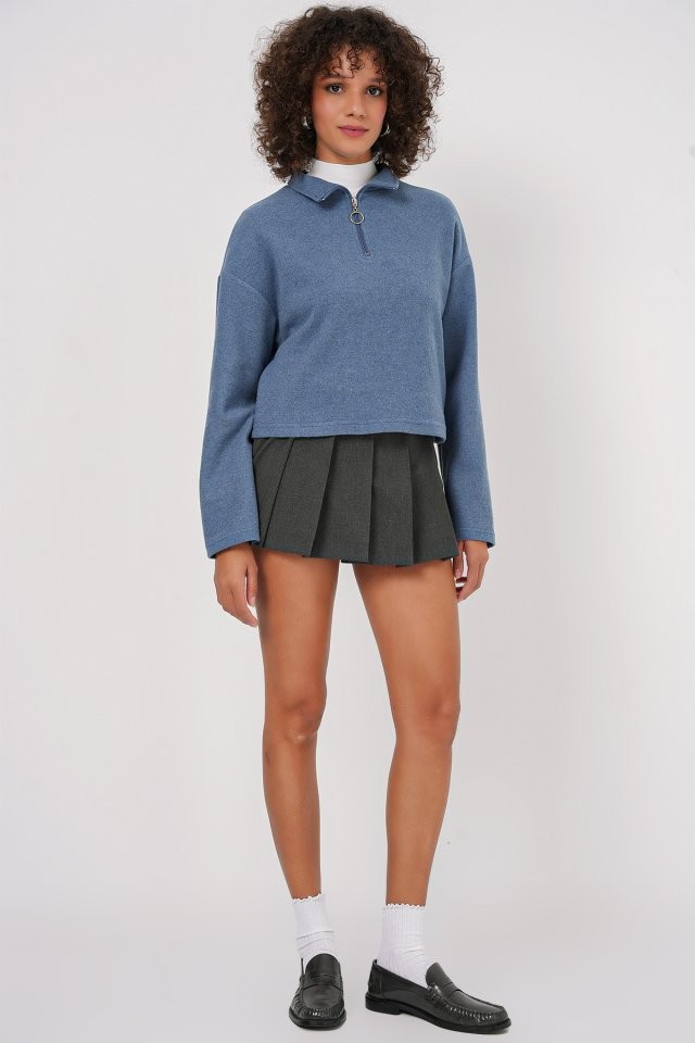 55449 Fermuarlı Yaka Örme Sweatshirt - İndigo