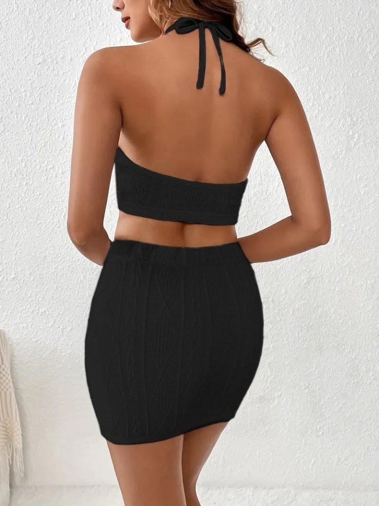 Kadın Sıfır Kol Crop Mini Etek Ikili Triko Takım