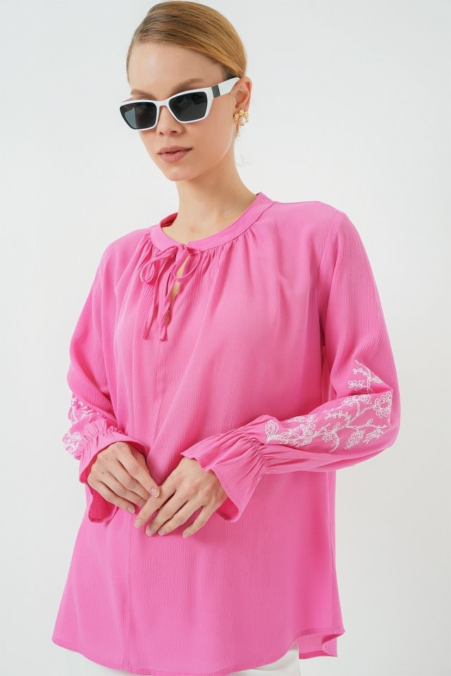Nakışlı Örme Bluz 941 - Pembe