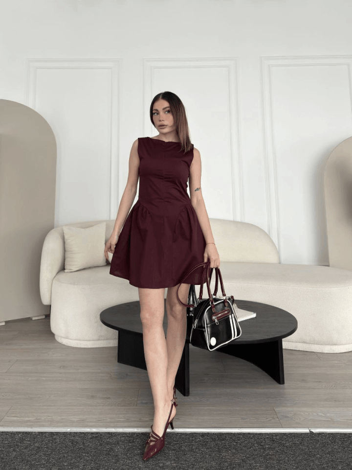 Fermuar Detaylı Mini Elbise - Kahve