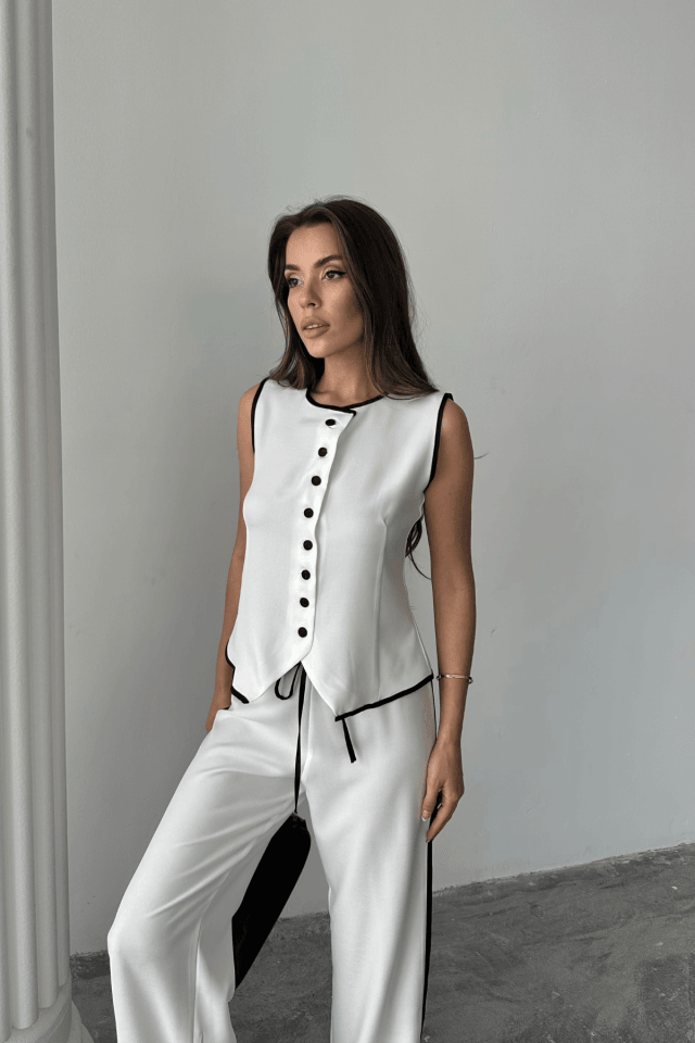 KETEN KENARLARI BİYELİ YELEK - PANTOLON TAKIM - Beyaz