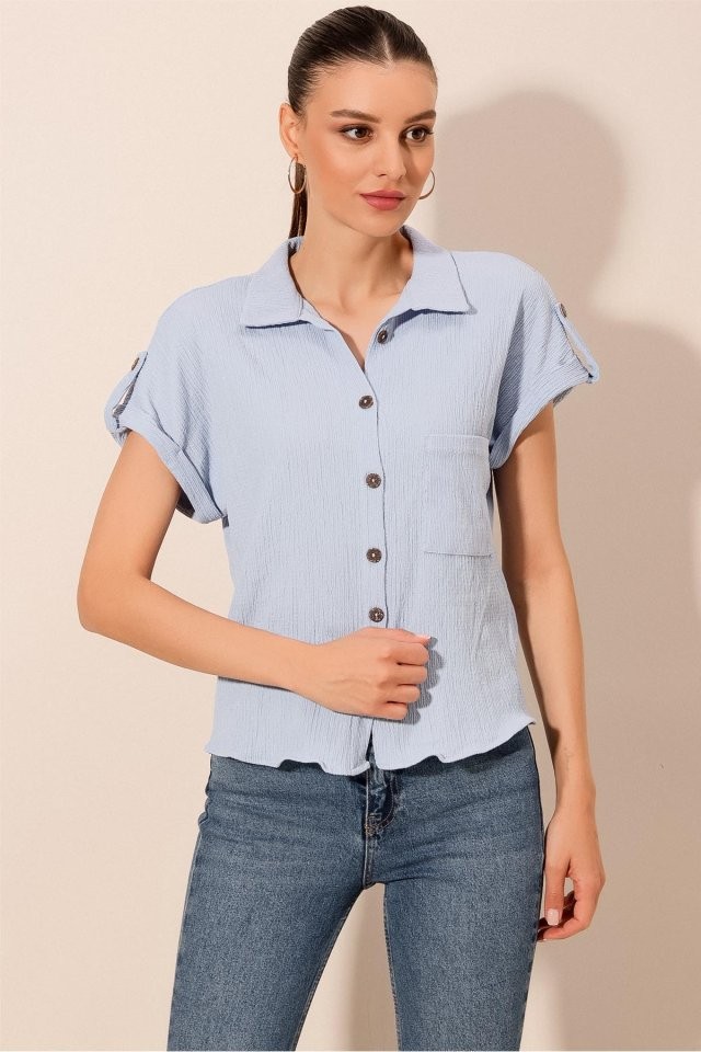 20187 Kısa Kol Oversize Örme Gömlek - Mavi