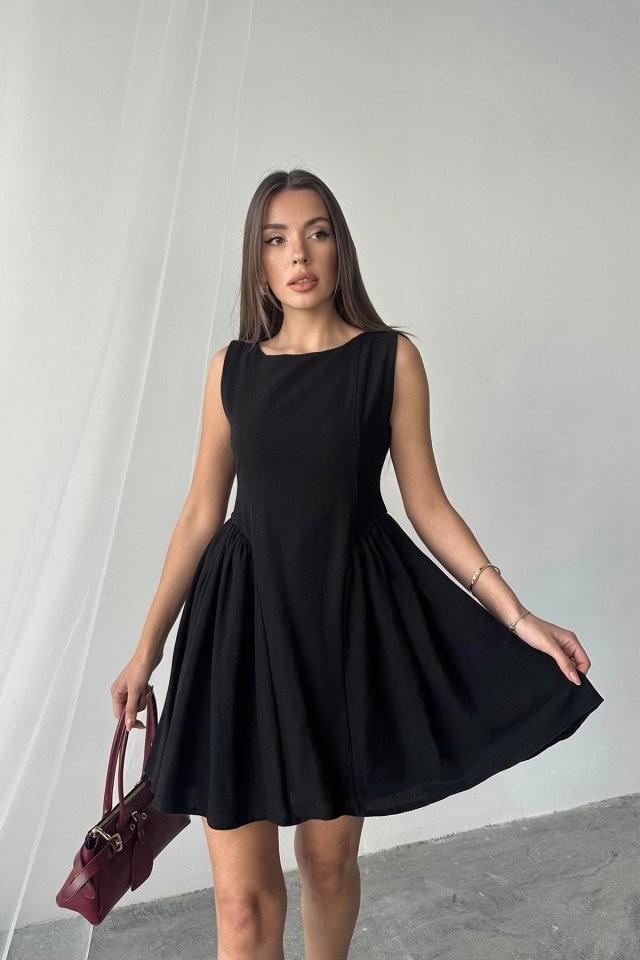 Siyah Mini Boy Büzgülü Keten Elbise