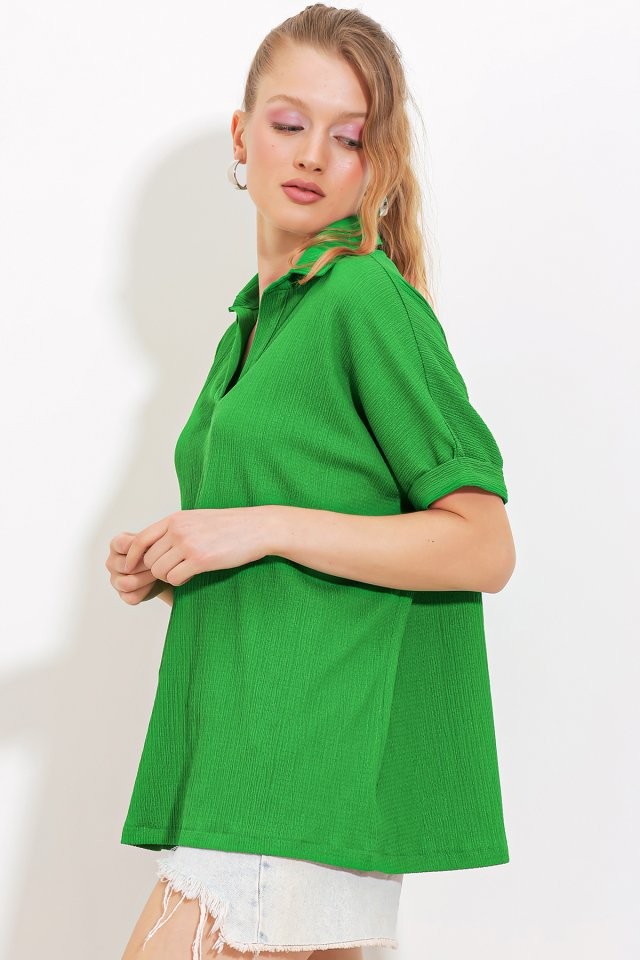 Yeşil Oversize Polo Yaka Örme Bluz 0486
