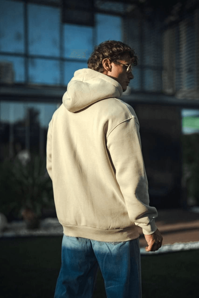 Üç İplik Penye Kapşonlu Basic SweatShirt - Bej