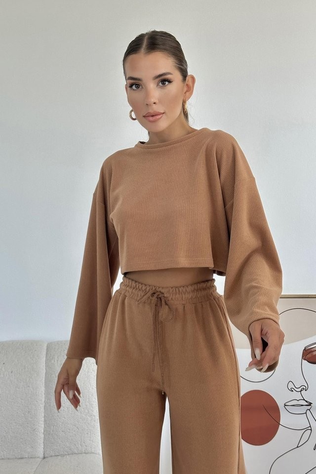 Camel Fitilli Bluz Ve Pantolon Takım