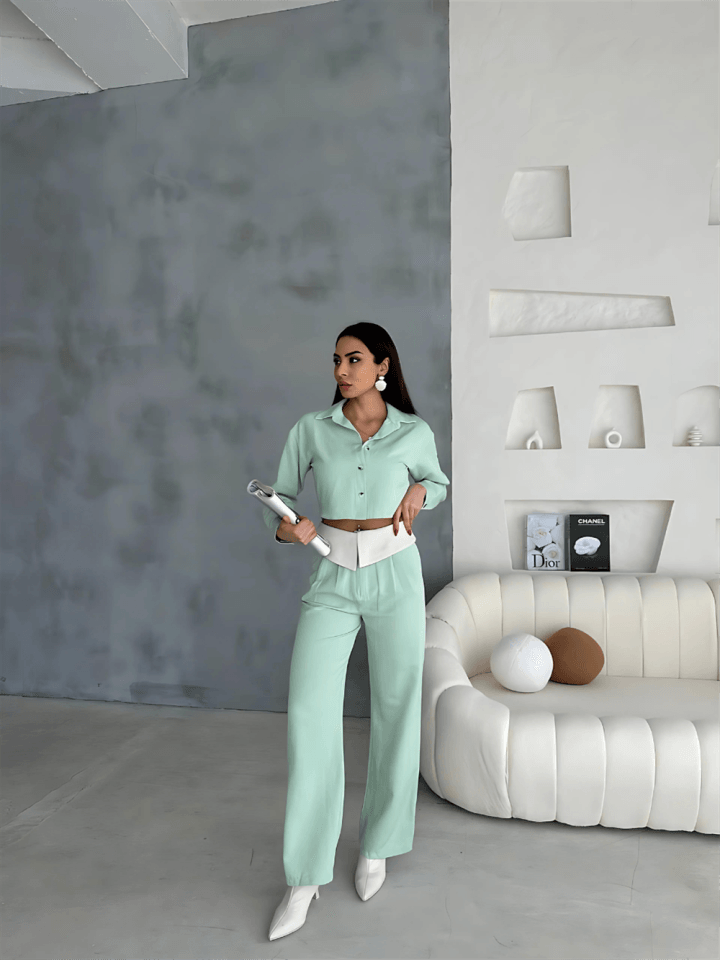 KETEN GÖMLEK-CROP-SALAŞ PANTOLON TAKIM - Mint