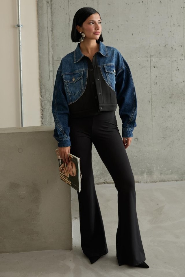 Siyah Denim Scuba Garnili Ceket