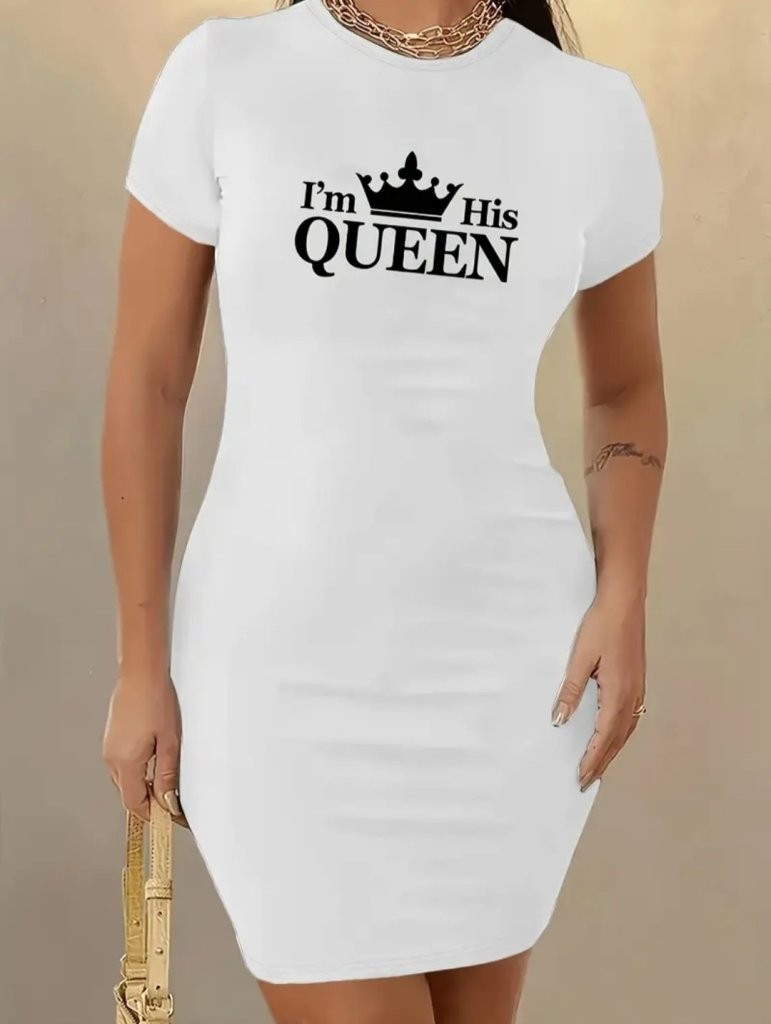 Kadın Kısa Kollu Queen Baskı Iki Iplik Mini Elbise