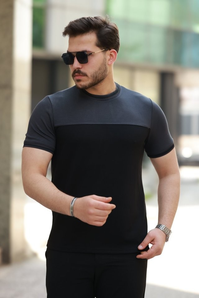 Erkek Bisiklet Yaka Parçalı Renk  Kısa Kollu Tshirt