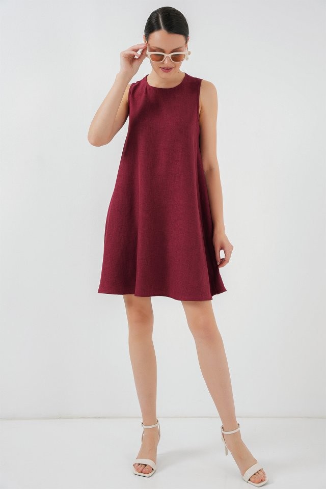 2444 Mini Keten Elbise - Bordo