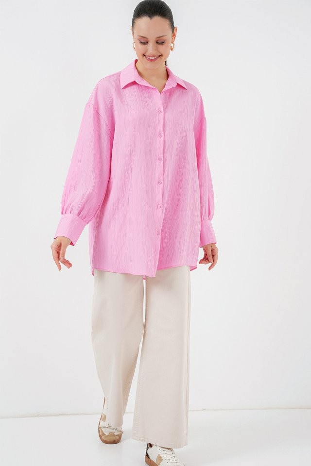 Çizgili Uzun Gömlek Tunik 5963 - Pembe