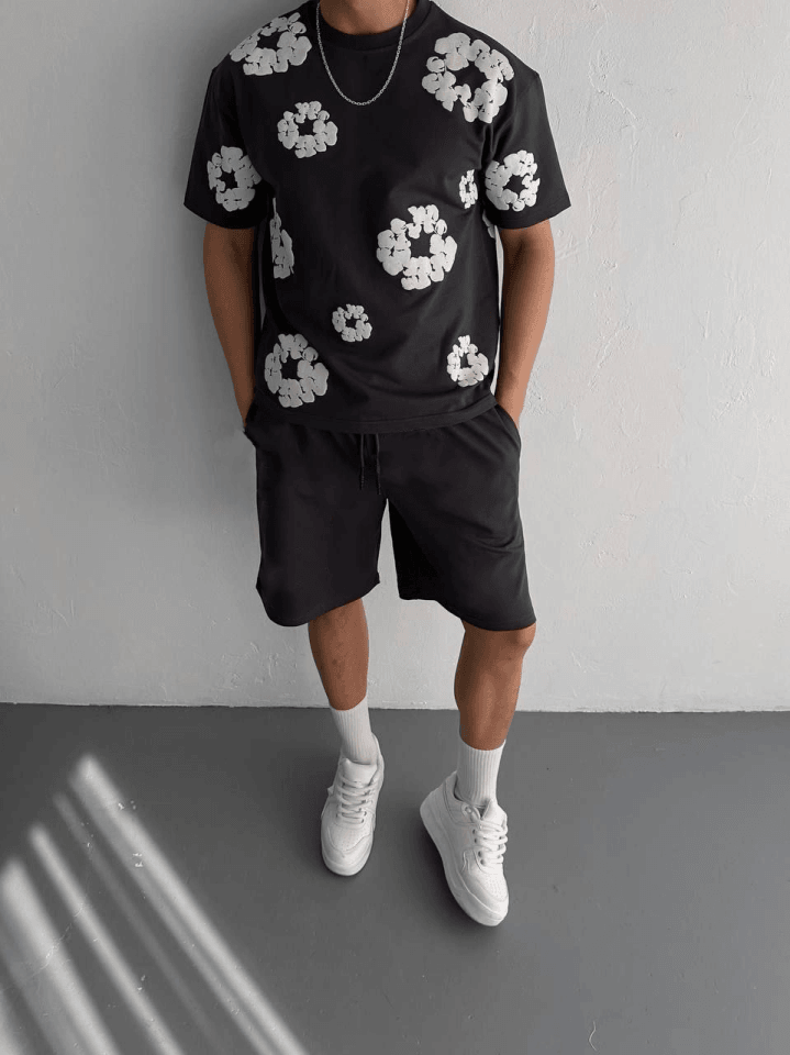 Ön Ve Arka Baskılı Oversize Bisiklet Yaka T-shirt- Siyah