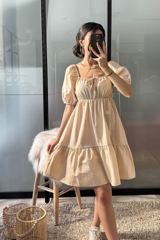 2351 Kloş Poplin Elbise - Krem
