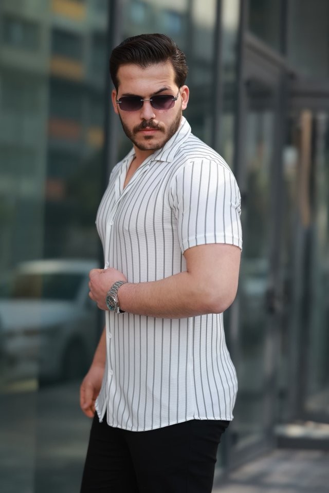 Erkek Kısa Kollu Gri çizgi Desenli örme Kumaş Pamuklu Gömlek