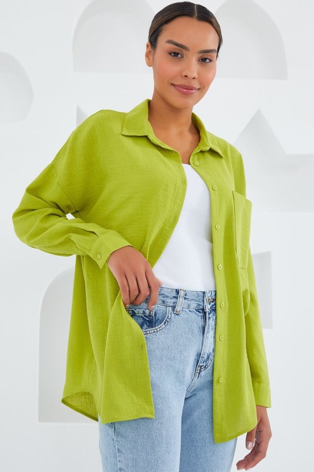 20153 Tek Cepli Oversize Keten Gömlek - Yağ Yeşil