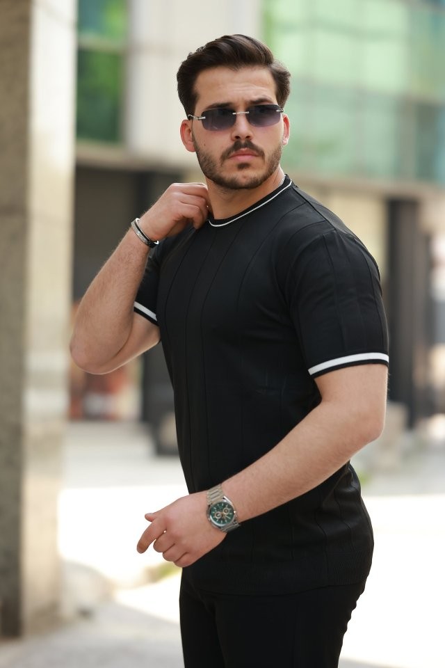 Erkek Bisiklet Yaka çizgi Desenli Ribanalı Kısa Kollu Tshirt
