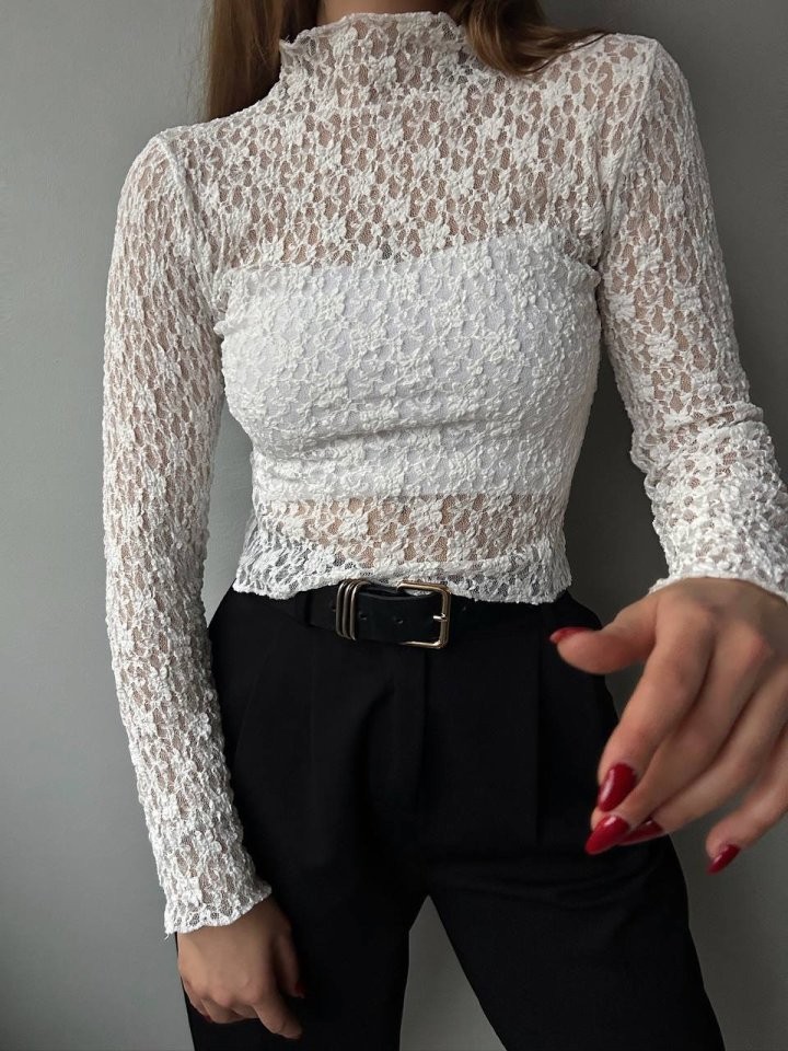 Kadın Likralı Dantel Transparan Uzun Kol Crop Bluz