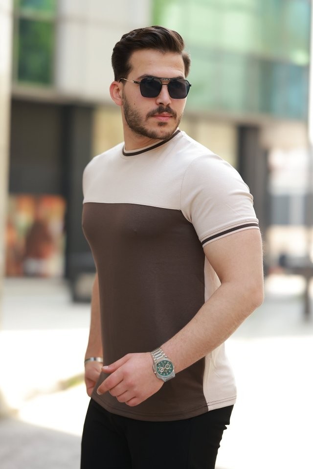 Erkek Bisiklet Yaka Parçalı Renk Kısa Kollu Tshirt