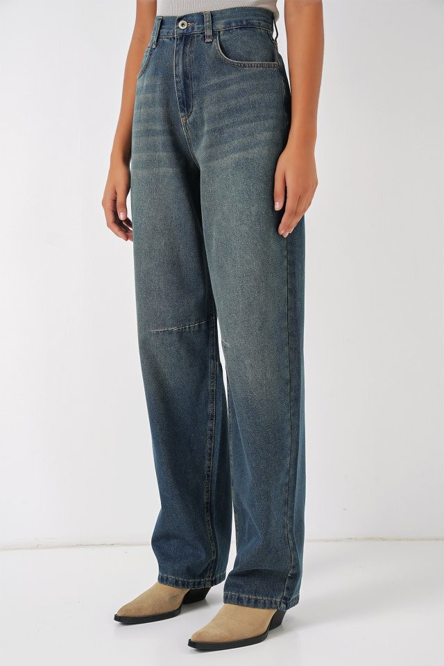 6689 Yüksek Bel Baggy Kot Pantolon - İndigo