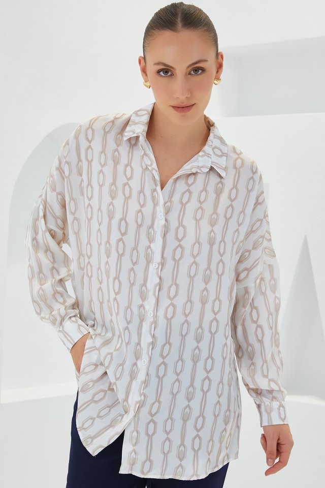 Bej Beyaz Desenli Oversize Saten Gömlek 3985