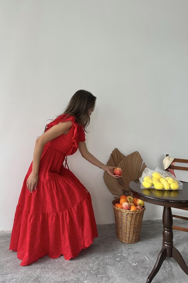 Zümrüt Fırfırlı Düğmeli Elbise