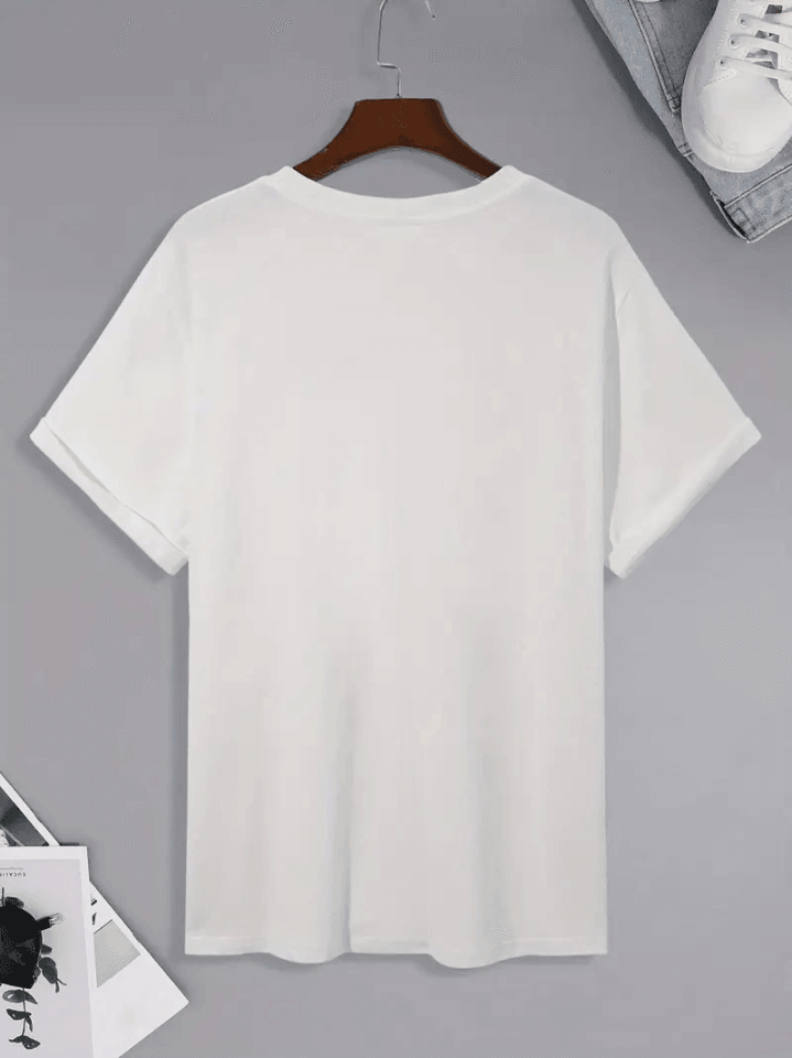 Baskılı Oversize Bisiklet Yaka T-shirt - Beyaz