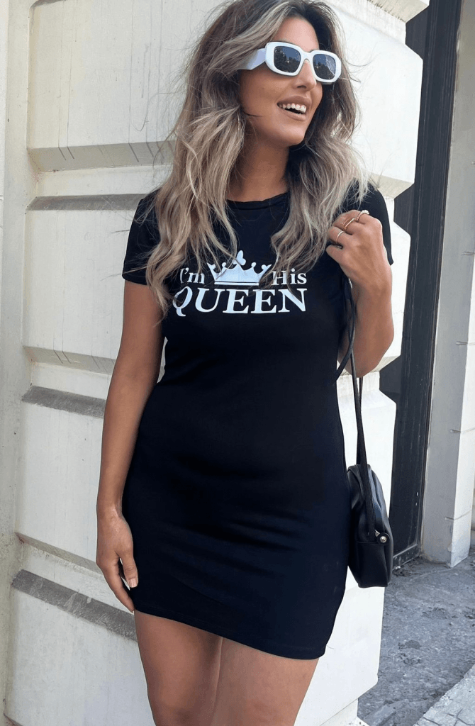 Kadın Kısa Kollu Queen Baskı Iki Iplik Mini Elbise