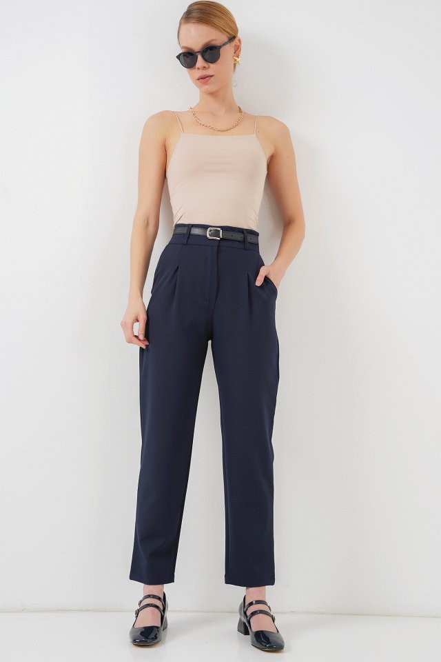 Pileli Kemerli Kumaş Pantolon 6725 - Lacivert