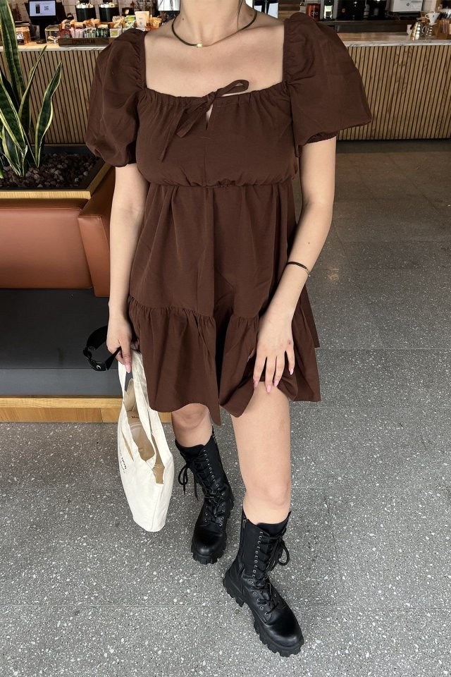2351 Kloş Poplin Elbise - Kahverengi