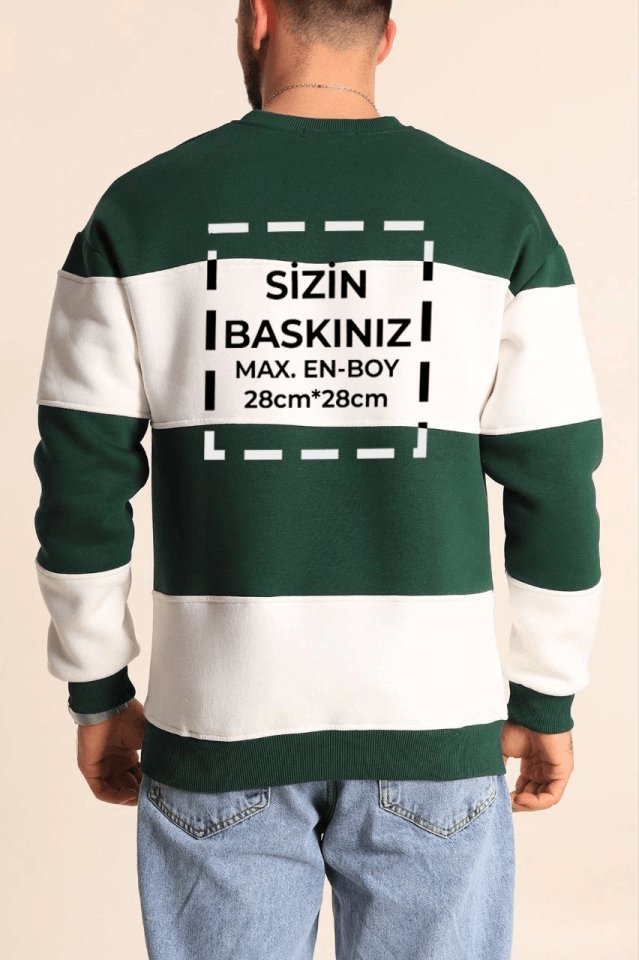 Bisiklet Yaka Parçalı Özel Üretim Sweatshirt- Yeşil