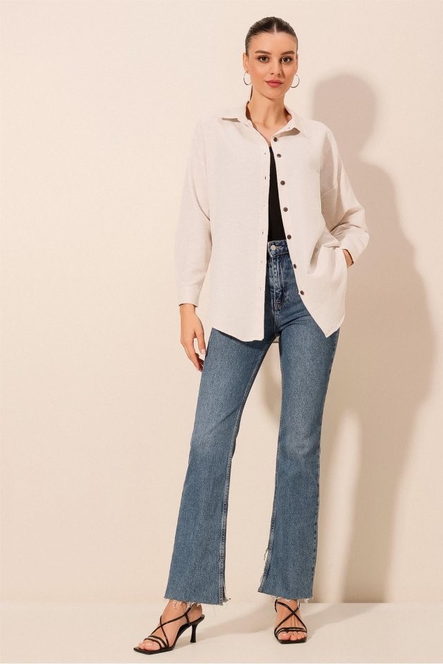 Krem Düz Oversize Uzun Basic Gömlek 3900