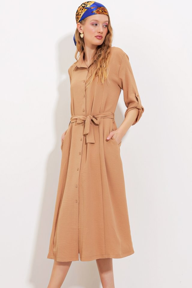 Camel Kuşaklı Gömlek Elbise 2442