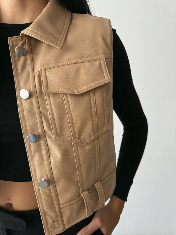 DERİ CROP YELEK - Bej