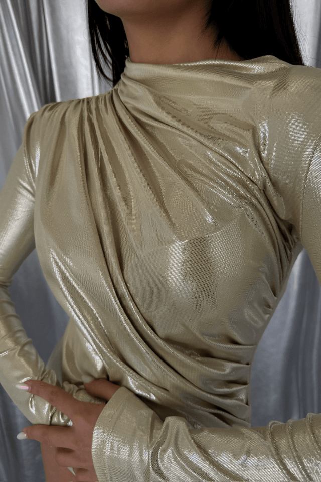 PARLAK OMUZ DRAPELİ BODYSUİT - Sarı