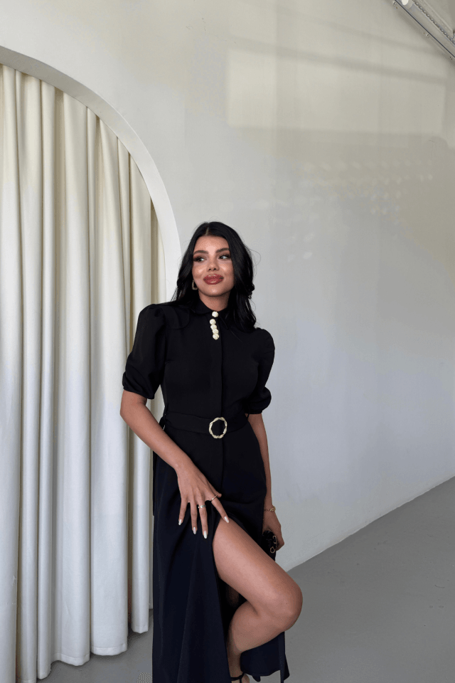 YAKA DÜĞME DETAYLI ELBİSE - Siyah