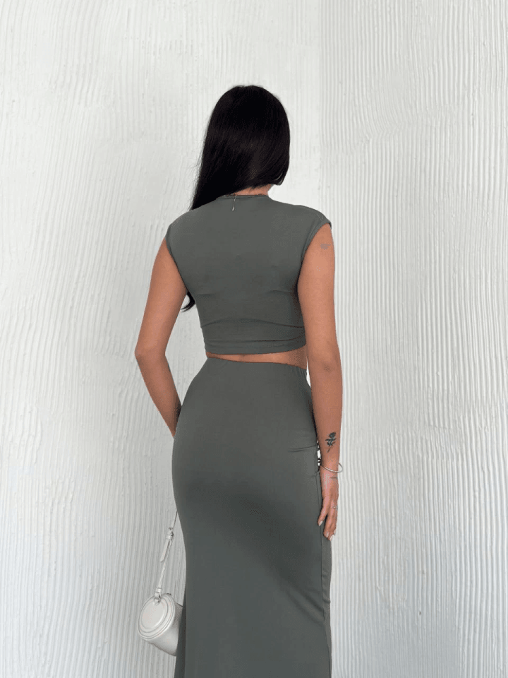Osy Modal Yumuşak Dokulu Kumaş Büzgülü Crop Etek Takım - Mint Yeşili