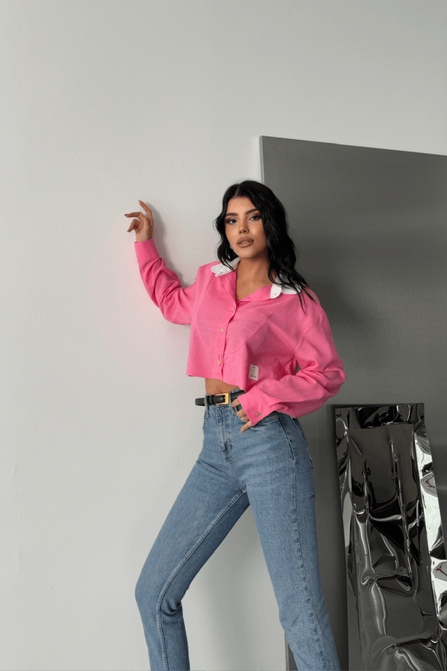 CROP GÖMLEK BEYAZ YAKA VE ETİKET DETAYLI - Pembe