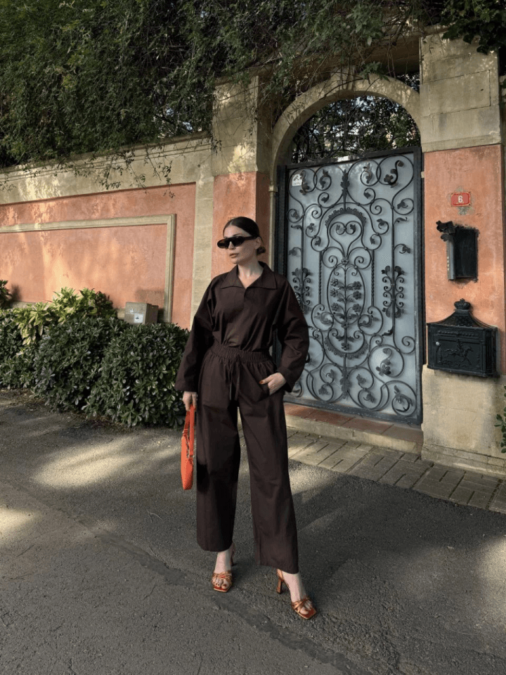 Uzun Kollu Yakalı Gömlek Pantalon Takım- Kahverengi