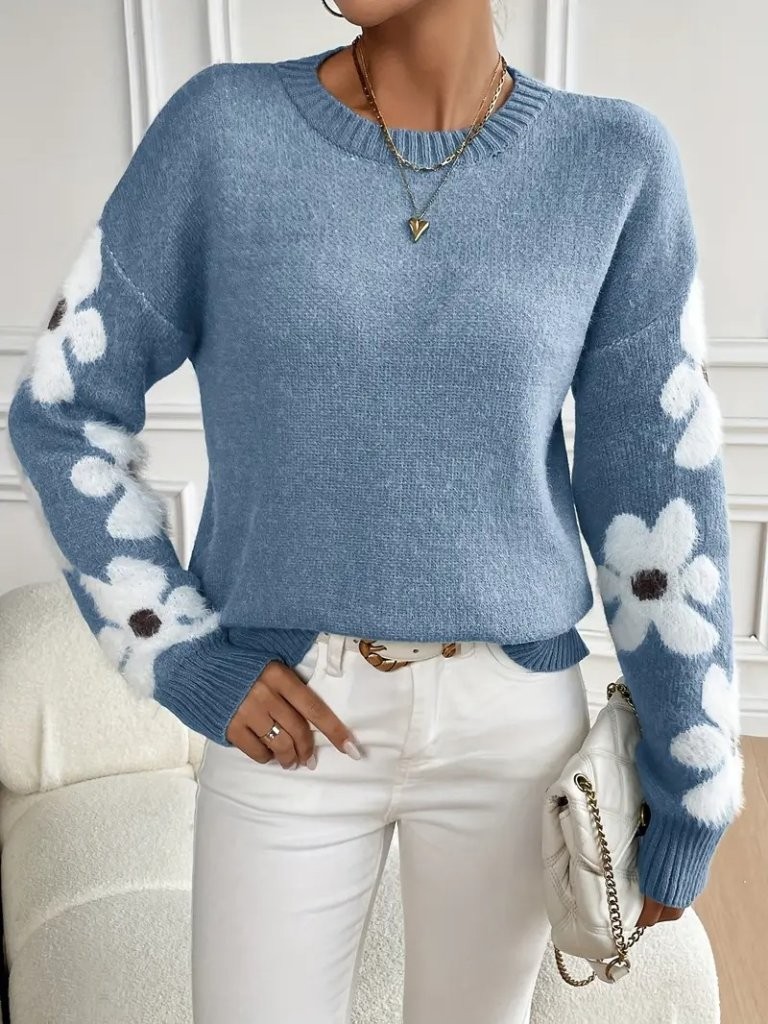 Kadın Uzun Kollu Bisiklet Yaka çiçek Desenli Triko Bluz