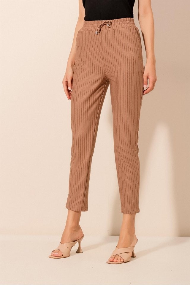 6560 Beli Lastikli Bağcıklı Pantolon - Camel