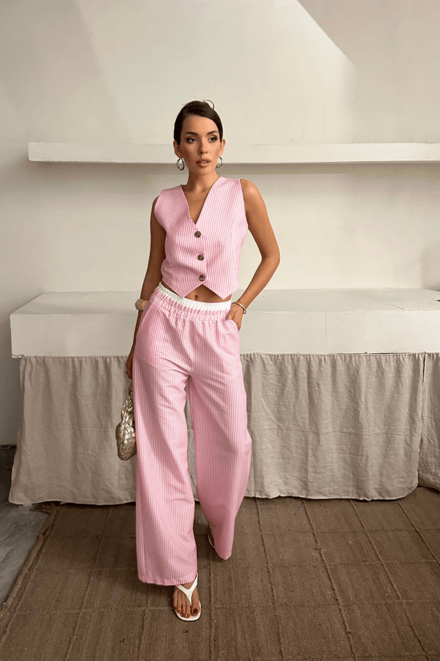 GOFRE ÇİZGİLİ YELEK - PANTOLON TAKIM - Pembe