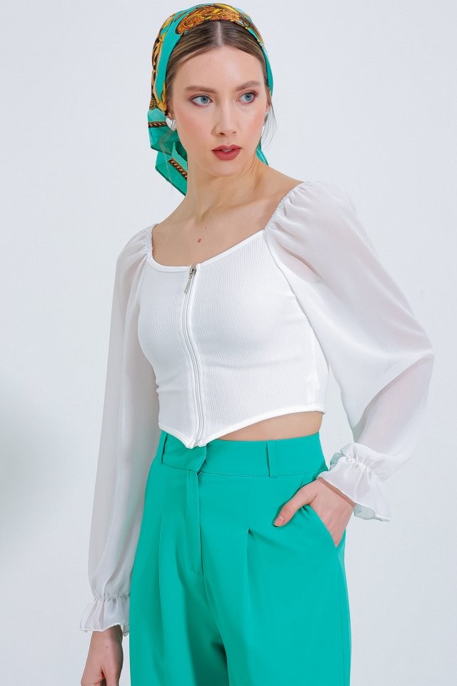 Beyaz Şifon Önü Fermuarlı Bluz 0496