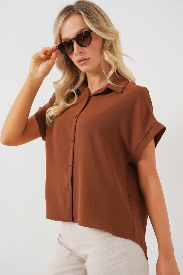 Oversize Kısa Kol Gömlek 20322 - Taba